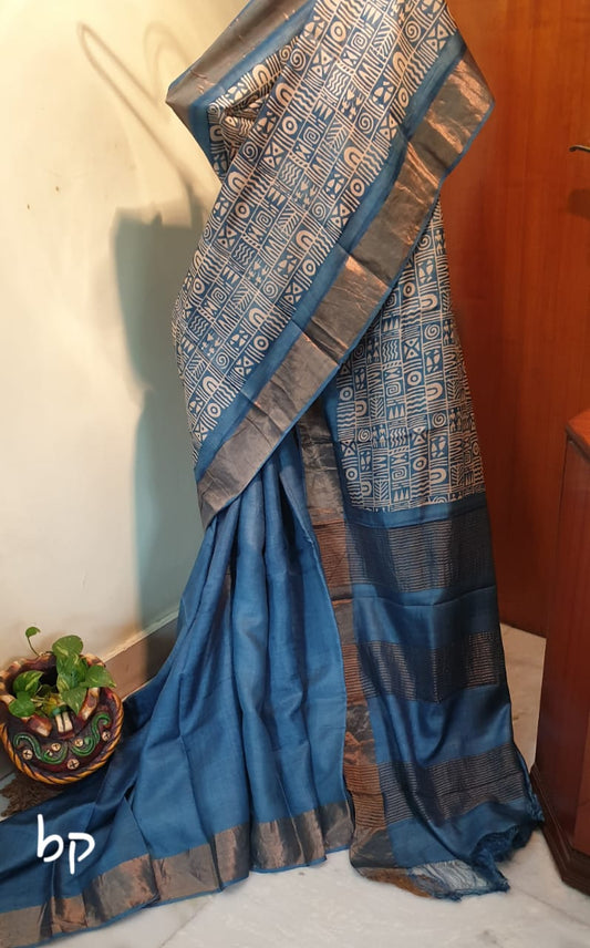 Blue Block Printed Zari Border Pure Silk Mark Certified Tussar Silk Sarees - Dailybuyys