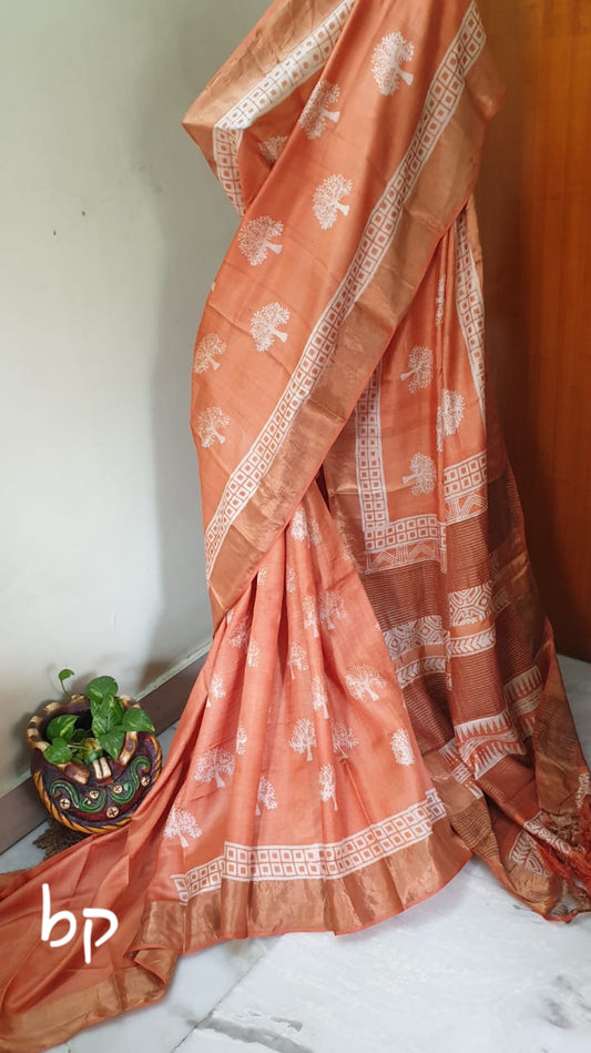 Orange Block Printed Zari Border Pure Silk Mark Certified Tussar Silk Sarees - Dailybuyys