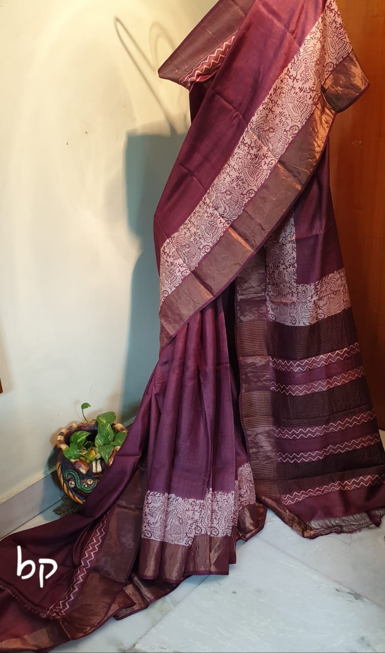 Maroon Block Printed Zari Border Pure Silk Mark Certified Tussar Silk Sarees - Dailybuyys