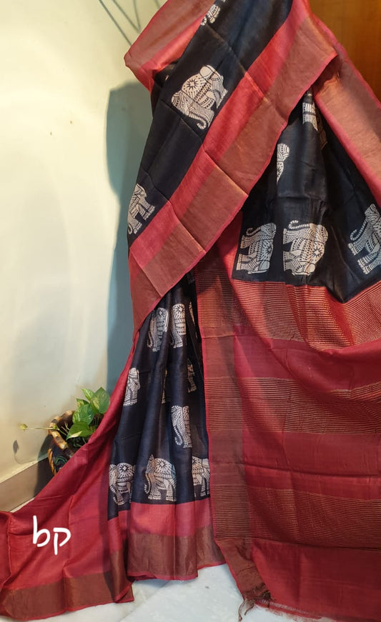Black Block Printed Zari Border Pure Silk Mark Certified Tussar Silk Sarees - Dailybuyys