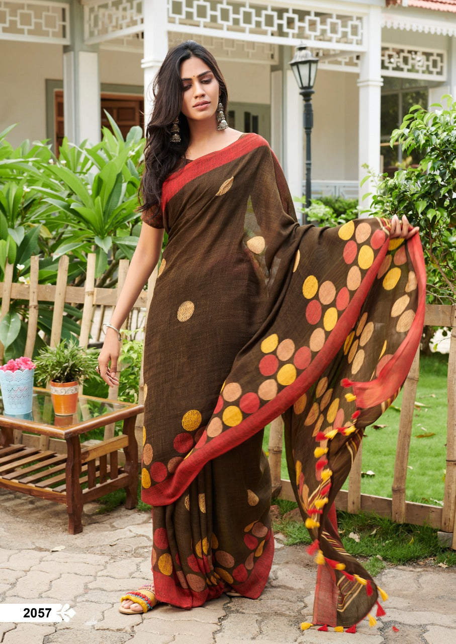 Brown Pure Linen Sarees - Dailybuyys