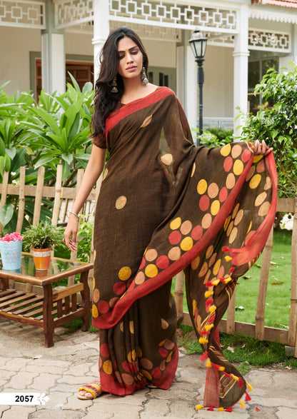 Brown Pure Linen Sarees - Dailybuyys