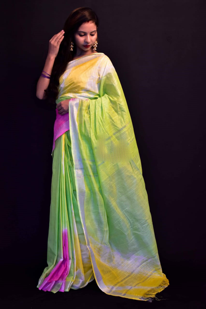 Yellow Green Pure Cotton Handloom Sarees