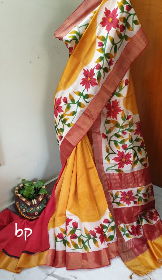 Yellow Beige Hand Painted Zari KK Pure Silk Mark Certified Tussar Silk Sarees - Dailybuyys