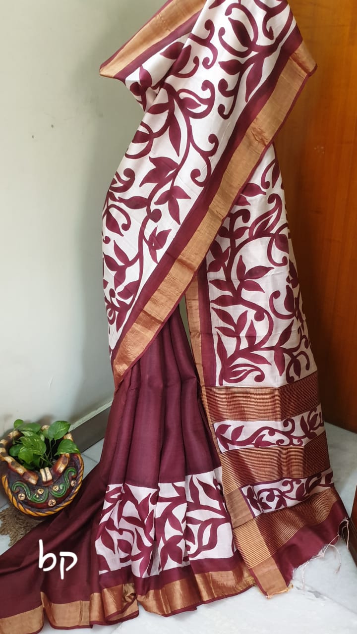 Maroon Beige Hand Painted Zari KK Pure Silk Mark Certified Tussar Silk Sarees - Dailybuyys