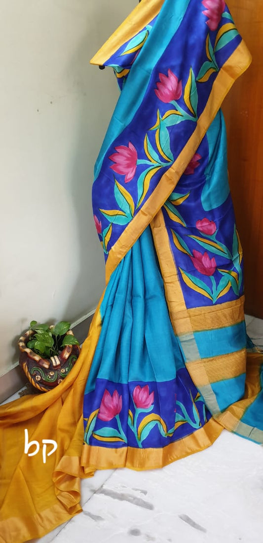 Blue Yellow Hand Painted Zari KK Pure Silk Mark Certified Tussar Silk Sarees - Dailybuyys