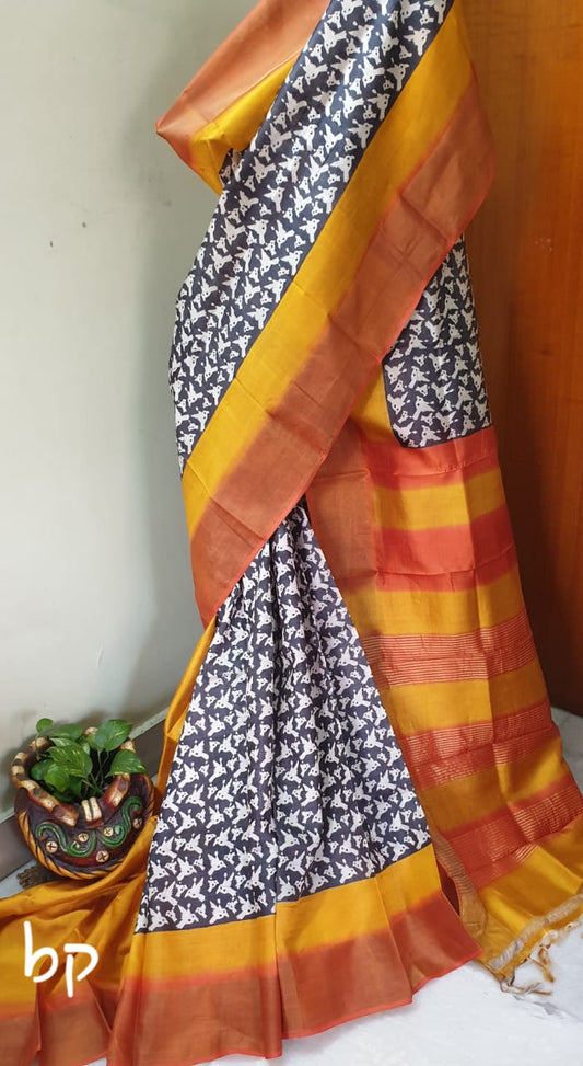 Yellow Beige Block Printed Zari Border Pure Silk Mark Certified Tussar Silk Sarees - Dailybuyys