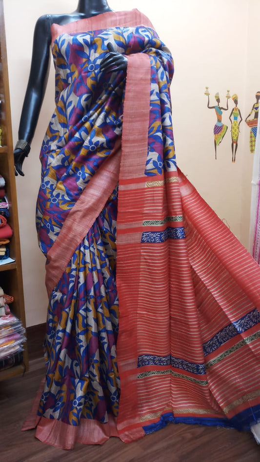 Blue Hand Painted Zari Border Pure Silk Mark Certified Tussar Silk Sarees - Dailybuyys