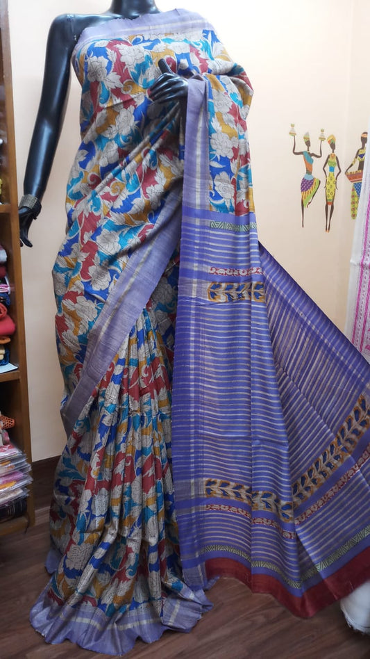 Blue Beige Hand Painted Zari Border Pure Silk Mark Certified Tussar Silk Sarees - Dailybuyys