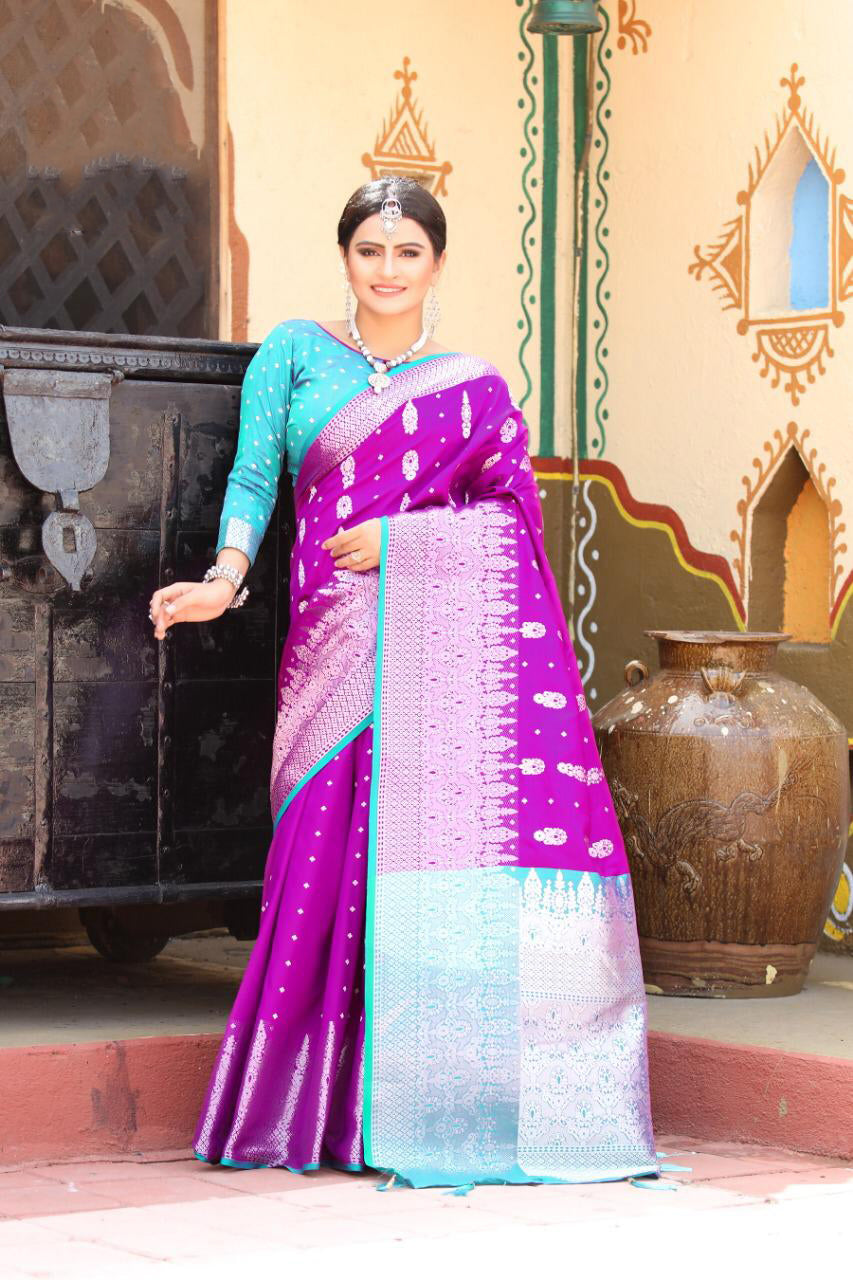 Self Weaved Dual Tone Heavy Purple Banarasi Silk Sarees