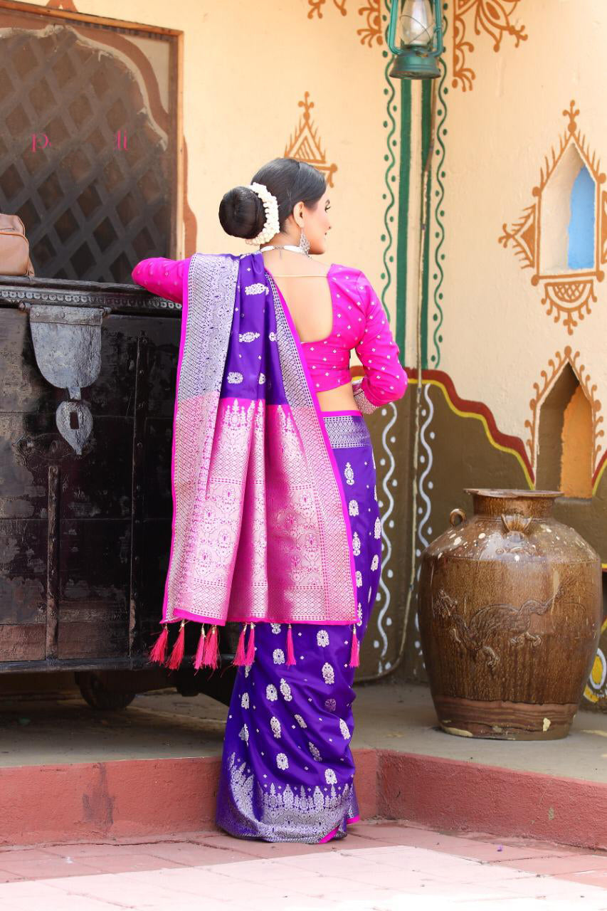 Self Weaved Dual Tone Heavy Blue Banarasi Silk Sarees - Dailybuyys