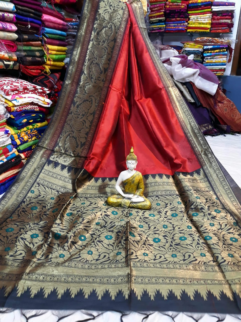 Red Black Handloom Banarasi Weaving Pure Cotton Silk Sarees