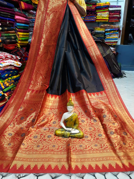 Red Black Handloom Banarasi Weaving Pure Cotton Silk Sarees