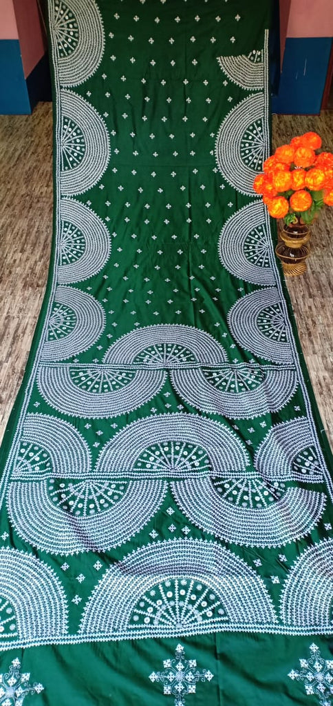Green Kantha Stitch On Art Silk Sarees