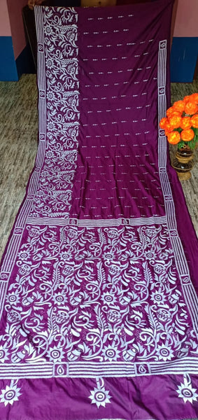 Purple Kantha Stitch On Art Silk Sarees