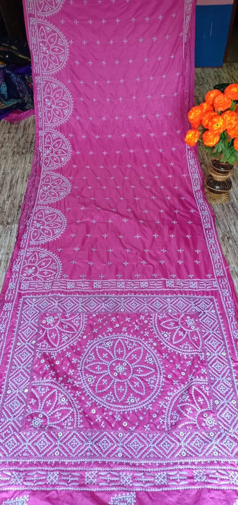 Pink Kantha Stitch On Art Silk Sarees