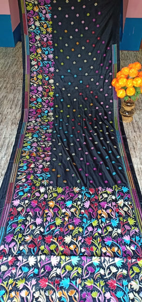 Black Kantha Stitch On Art Silk Sarees