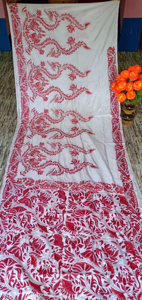 White Kantha Stitch On Art Silk Sarees