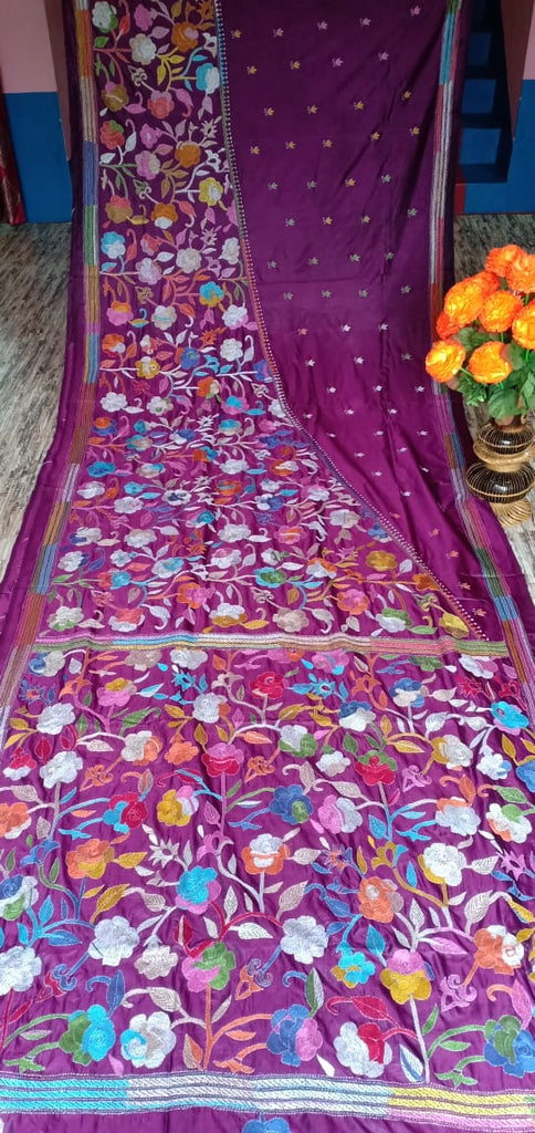 Purple Kantha Stitch On Art Silk Sarees
