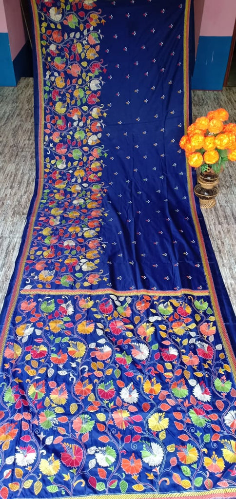 Blue Kantha Stitch On Art Silk Sarees