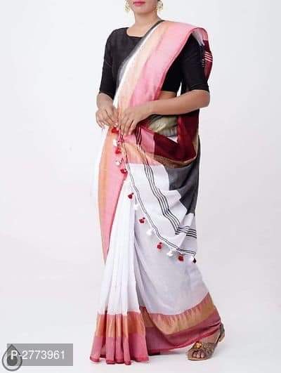 White Pink Designer Pure Cotton Handloom Sarees