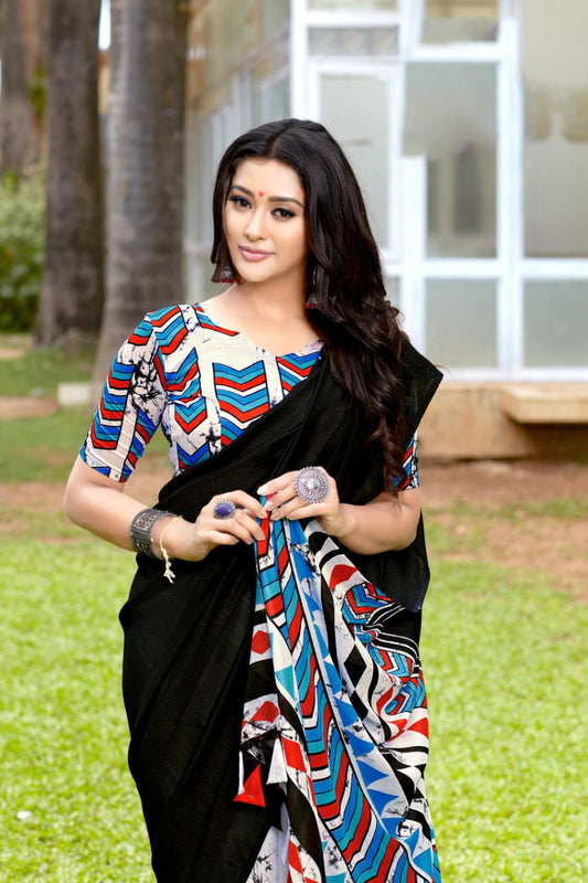 Black Grey Beautiful Silk Pure Linen Sarees - Dailybuyys