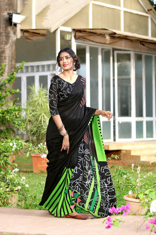 Black Green Beautiful Silk Pure Linen Sarees - Dailybuyys