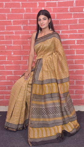 Yellow Bagru Print Chanderi Silk Sarees