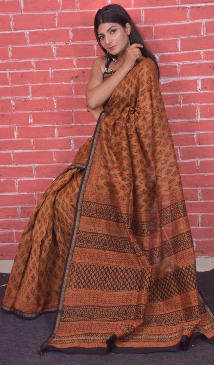 Orange Bagru Print Chanderi Silk Sarees - Dailybuyys