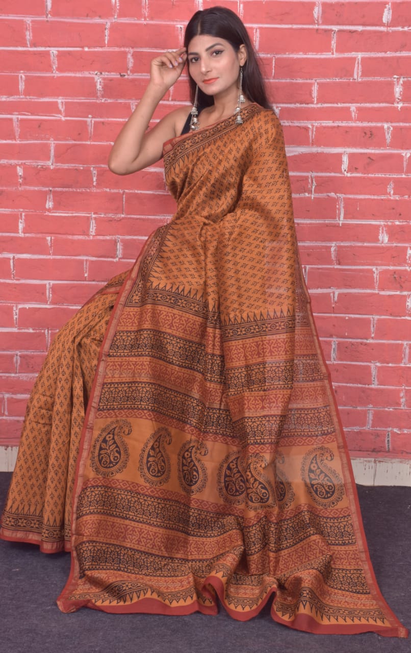 Orange Bagru Print Chanderi Silk Sarees - Dailybuyys