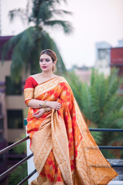 Rustic Orange Handloom Woven Kota Silk Saree With Running Blouse Piece for  Women
