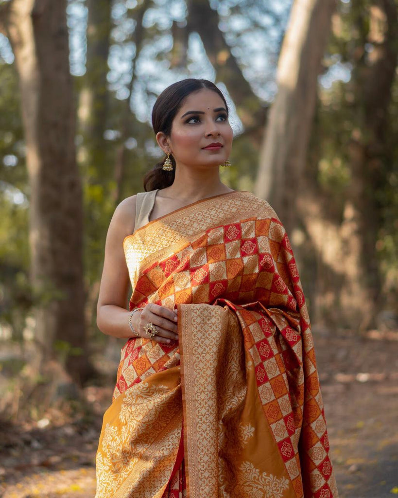 Orange Handloom Weaving Banarasi Silk Sarees Get Extra 10% Discount on All Prepaid Transaction