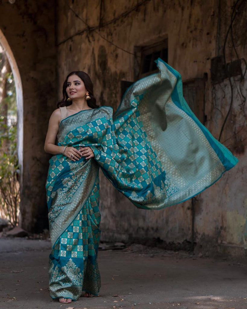 Blue Handloom Weaving Banarasi Silk Sarees Get Extra 10% Discount on All Prepaid Transaction