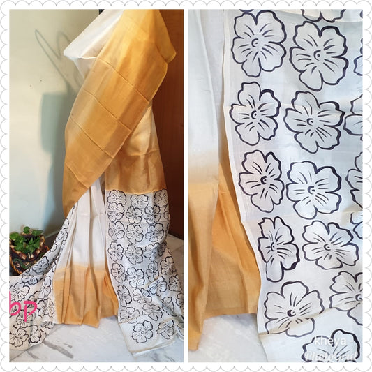 Beige Yellow Hand Painted Pure Silk Mark Certified Bishnupuri Silk Sarees - Dailybuyys