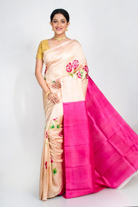 Beige Pink Block Printed Pure Silk Mark Certified Bishnupuri Silk Sarees - Dailybuyys