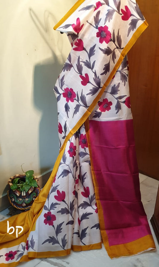 White Pink Floral  Hand Painted Pure Silk Mark Certified Bishnupuri Silk Sarees - Dailybuyys