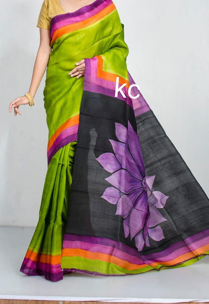 Green Black Hand Painted Pure Silk Mark Certified Murshidabad Silk Sarees - Dailybuyys