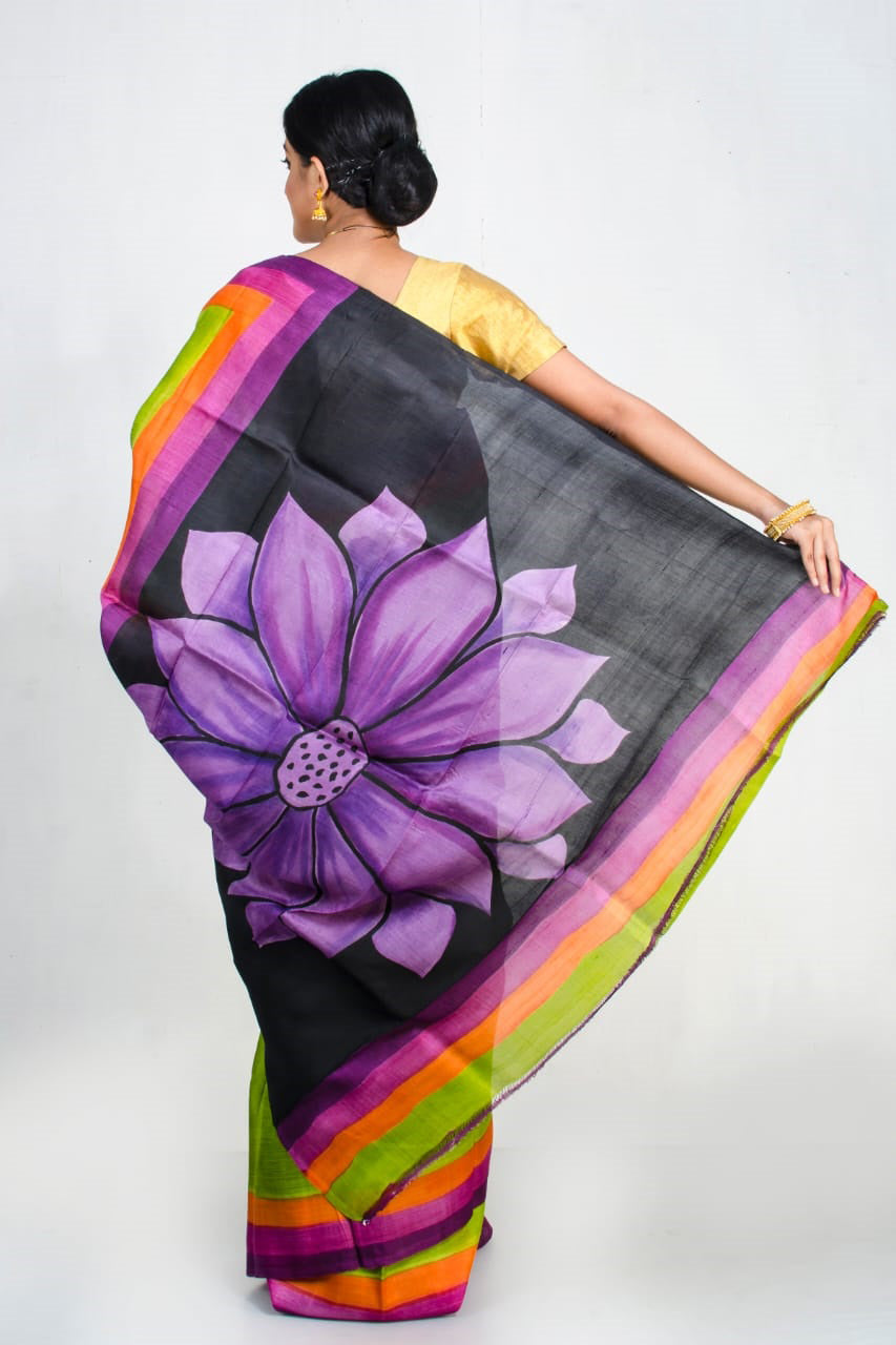 Green Black Hand Painted Pure Silk Mark Certified Murshidabad Silk Sarees - Dailybuyys
