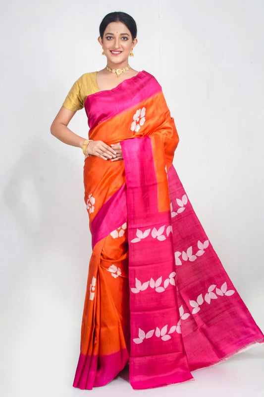 Orange Pink Block Printed Pure Silk Mark Certified Bishnupuri Silk Sarees - Dailybuyys