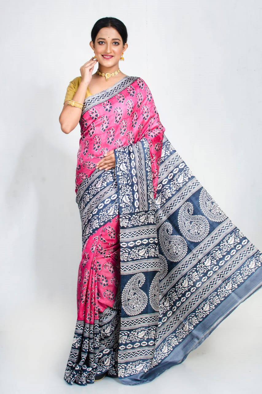 Pink Blue Block Printed Pure Silk Mark Certified Bishnupuri Silk Sarees - Dailybuyys