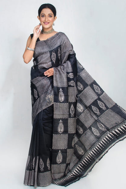 Black Block Printed Pure Silk Mark Certified Bishnupuri Silk Sarees - Dailybuyys