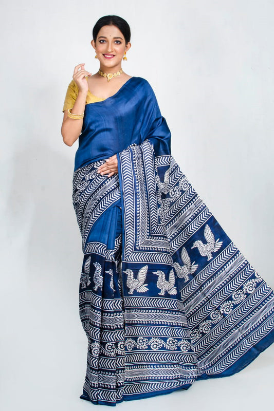 Blue Block Printed Pure Silk Mark Certified Bishnupuri Silk Sarees - Dailybuyys
