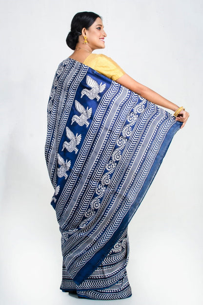 Blue Block Printed Pure Silk Mark Certified Murshidabad Silk Sarees - Dailybuyys