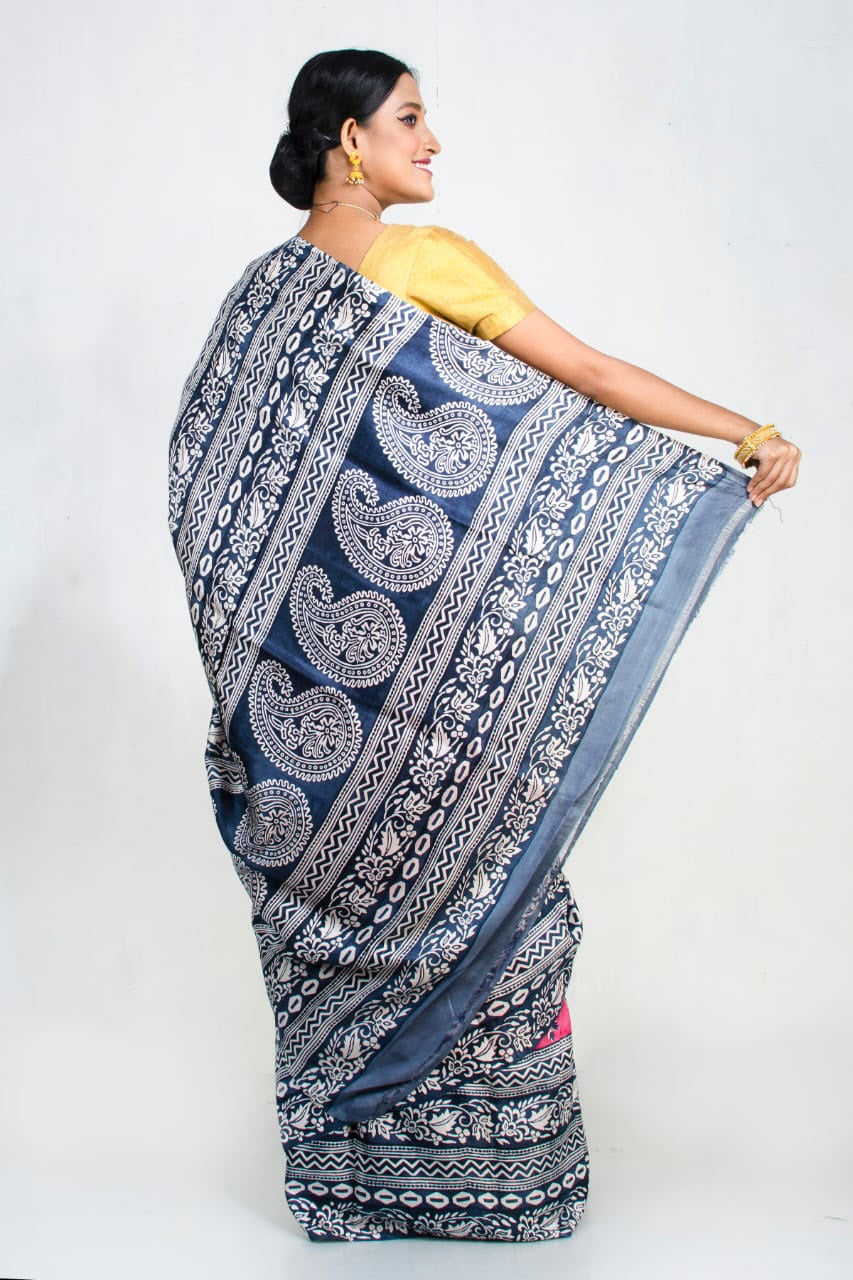 Pink Blue Block Printed Pure Silk Mark Certified Murshidabad Silk Sarees - Dailybuyys