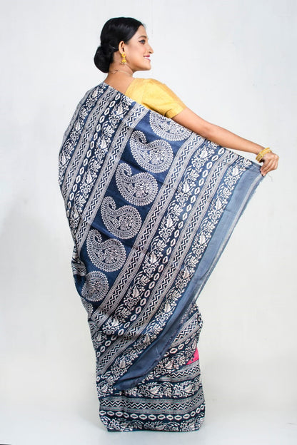 Pink Blue Block Printed Pure Silk Mark Certified Bishnupuri Silk Sarees - Dailybuyys