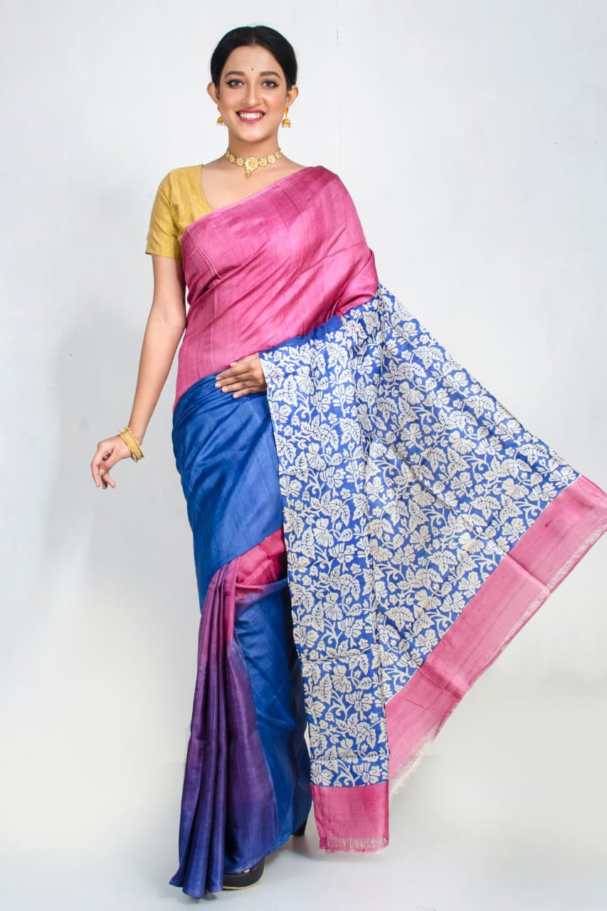 Pink Blue Block Printed Pure Silk Mark Certified Tussar Silk Sarees - Dailybuyys