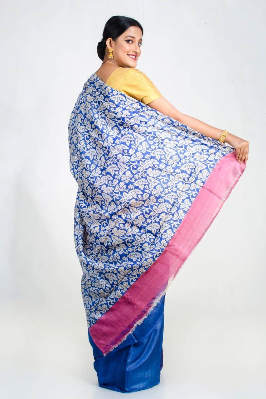 Pink Blue Block Printed Pure Silk Mark Certified Tussar Silk Sarees - Dailybuyys
