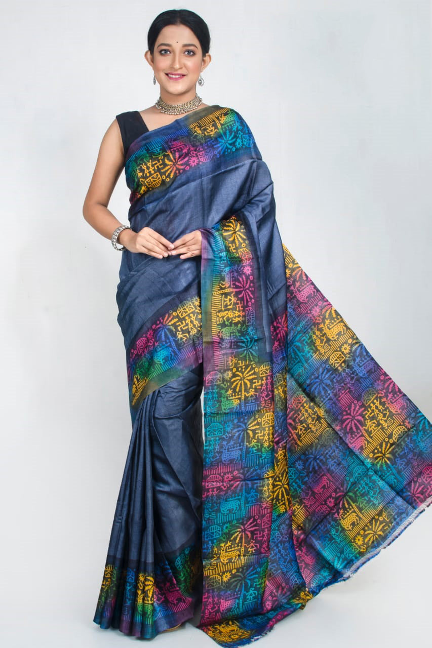 Greyish Blue Block Printed Pure Silk Mark Certified Tussar Silk Sarees - Dailybuyys