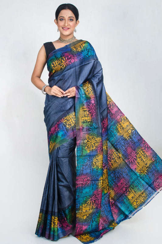 Greyish Blue Block Printed Pure Silk Mark Certified Tussar Silk Sarees - Dailybuyys