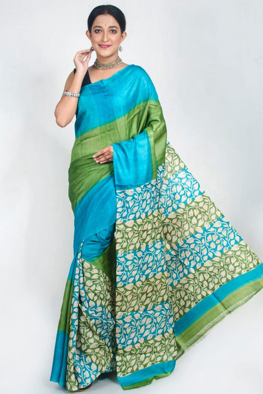 Green Block Printed Pure Silk Mark Certified Tussar Silk Sarees - Dailybuyys